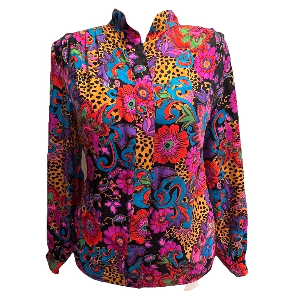 Fiji Sport Women's Silk Blouse M Pleats Vtg Vibrant Elastic Waist Button Up 80s‎